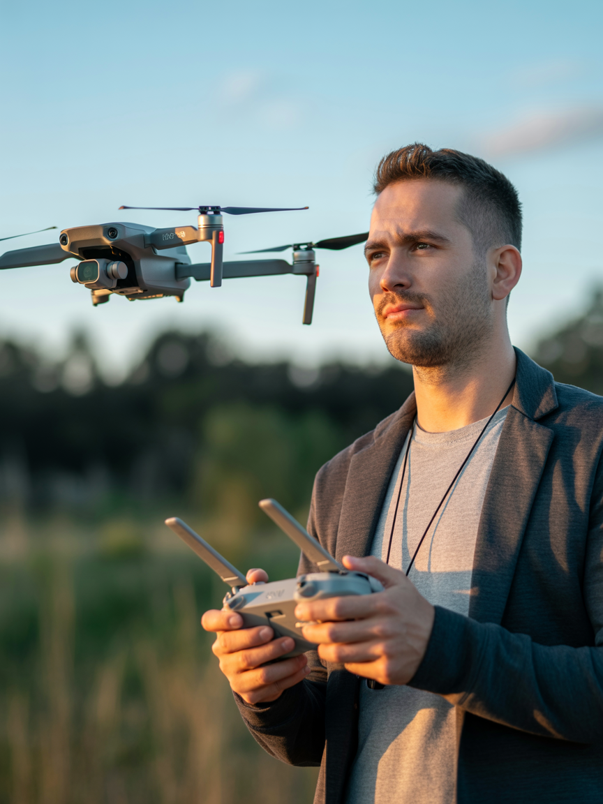 Professional drone pilot operating equipment